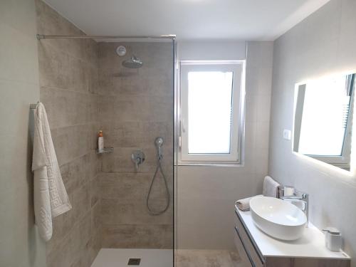 a bathroom with a shower and a sink at Apartments Bobi in Tolmin