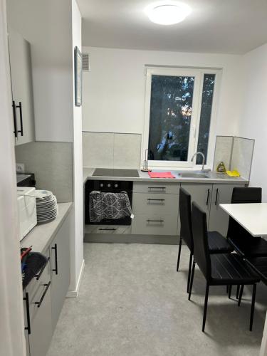 Il comprend une cuisine équipée d'une cuisinière, d'une table et de chaises. dans l'établissement Jules samain, à Lille