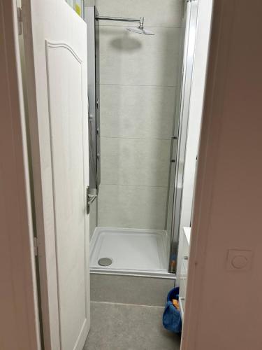 La salle de bains est pourvue d'une douche et d'une baignoire blanche. dans l'établissement Jules samain, à Lille