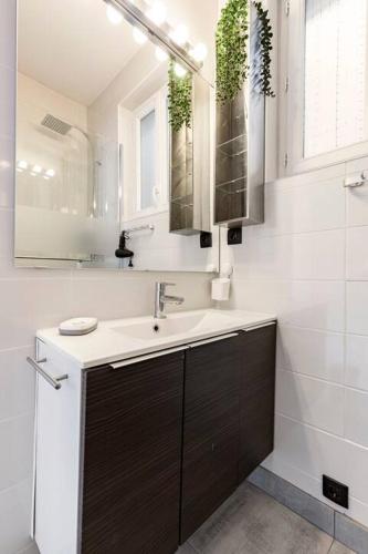une salle de bain avec un lavabo et un miroir dans l'établissement MAISON CENTRE VILLE + GARAGE, à Argelès-Gazost
