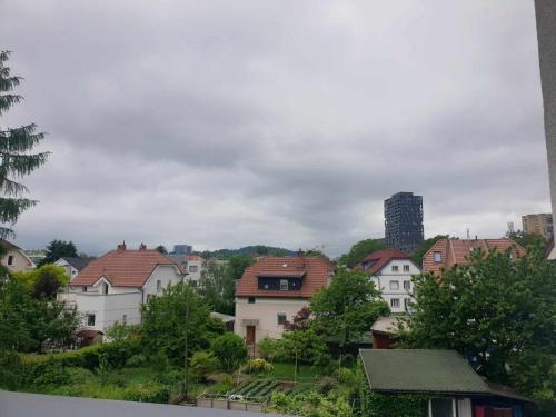 a group of houses with a city in the background at PALAR Apartment in Ljubljana