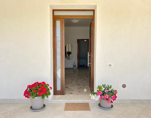 two pots of flowers in front of a hallway at Villa Sole near the sandy beach, parking & wifi in Avola