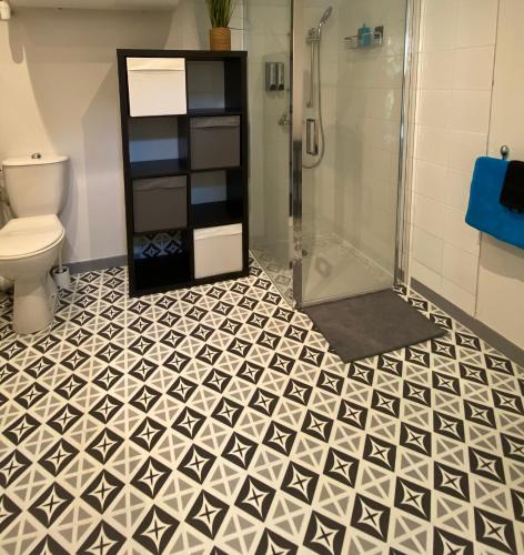une salle de bain avec douche et toilettes dans l'établissement Appartement 4 personnes 541 les Jasses de Camargue, à Gallargues-le-Montueux