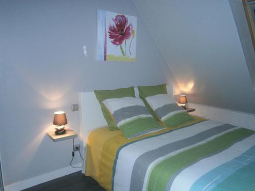 SantecにあるUn P'tit Coin De Paradisのベッドルーム1室(緑と白の枕が備わるベッド1台付)