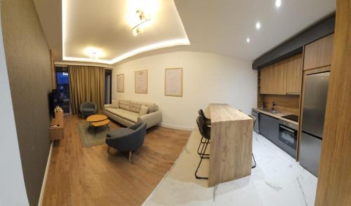 Il comprend un salon avec un canapé et une cuisine. dans l'établissement Elia Hotel Residence, à Budva