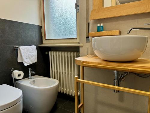 un bagno con lavandino e WC di Ca Dolomia, 5 minutes from center and slopes a Cortina dʼAmpezzo