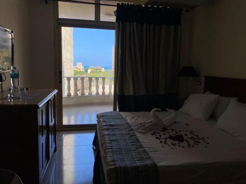 a bedroom with a bed and a window with a view at Bianchi Hotel in Alexandria