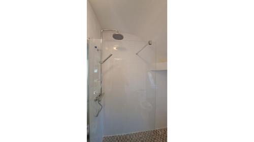 une douche avec une porte vitrée dans une salle de bain dans l'établissement Les toits de Saint-Cyr, à Nevers