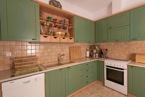 a kitchen with green cabinets and a sink at Villa Christina in Evia in Paralía Avlídhos