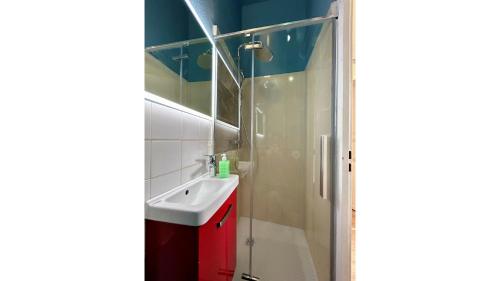 une salle de bain avec un lavabo et une douche dans l'établissement Le Mary, à Autun