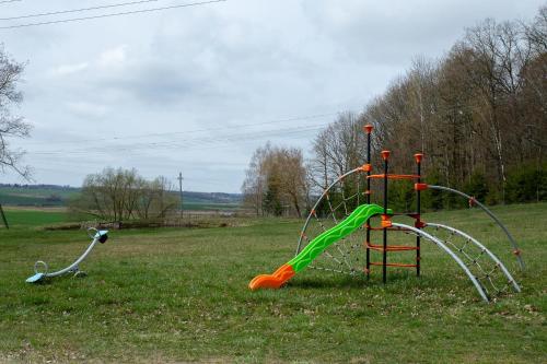 a playground with a slide in a field at Bačkis camp in Bačkonys