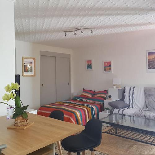 un salon avec un lit et un canapé dans l'établissement Studio calme cadre nature à proximité des plages, à La Seyne-sur-Mer