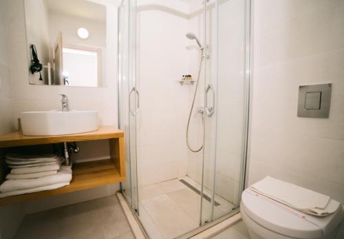 a bathroom with a shower and a toilet and a sink at Hotel Pirate Old Town in Ulcinj