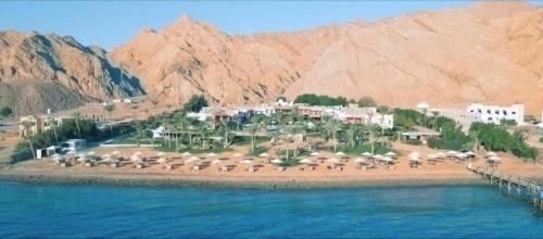 a resort on a beach with umbrellas in the water at Tropitel Dahab Oasis in Dahab