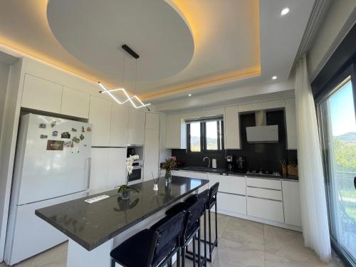 a kitchen with a refrigerator and a table with chairs at Villalakehouse in Dalaman