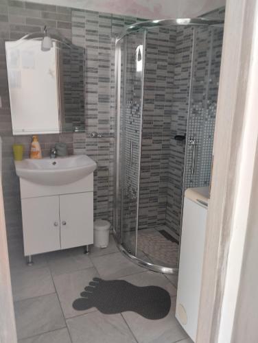 a bathroom with a shower and a sink at 6 M, 50 m do plaže in Barbat na Rabu
