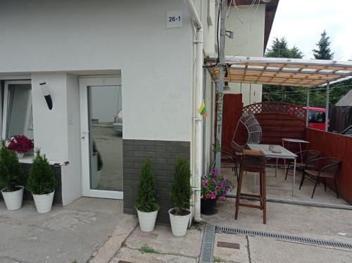 a patio with a table and chairs and potted plants at Apartment hotels parking akaciju1 in Vilnius