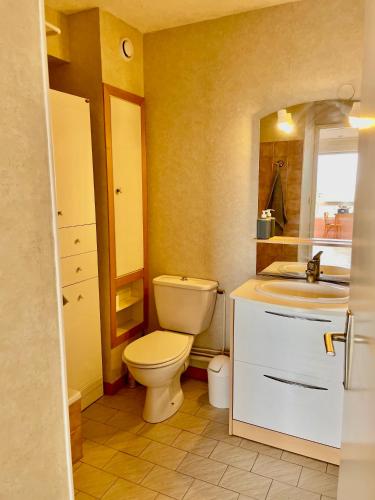 une salle de bain avec toilettes et lavabo dans l'établissement Studio 100m de la mer et port, à Valras-Plage