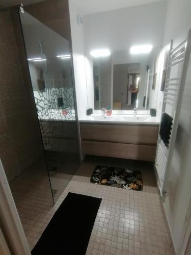 une salle de bain avec une douche, un lavabo et une baignoire dans l'établissement Appartement calme avec jardin dans résidence neuve, à Carcans