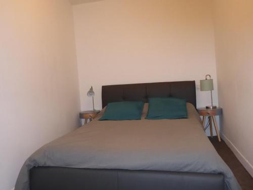 a bedroom with a large bed with two blue pillows at T1 Bis - Centre Historique de Narbonne in Narbonne