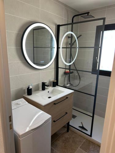 une salle de bain avec un lavabo et un miroir dans l'établissement Les catalanes du golf, à Saint-Cyprien