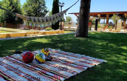 a blanket on the grass with toys on it at Hotel Panorama Dajt in Tirana