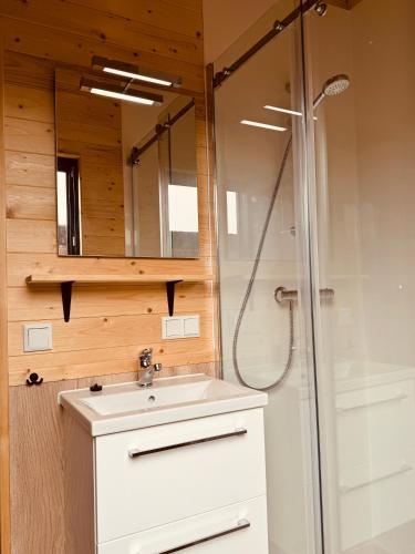 a bathroom with a white sink and a shower at Woodlodge de luxe 2 persoons in Oorsbeek