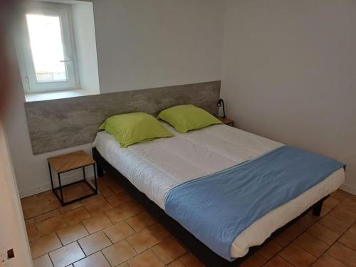 - un lit avec 2 oreillers verts dans une chambre dans l'établissement maison de ville proche ZOO BEAUVAL, à Châtillon-sur-Indre