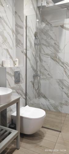 パラリア・カテリニスにあるFOUR REASONSのシャワー、トイレ、洗面台を備えたバスルーム