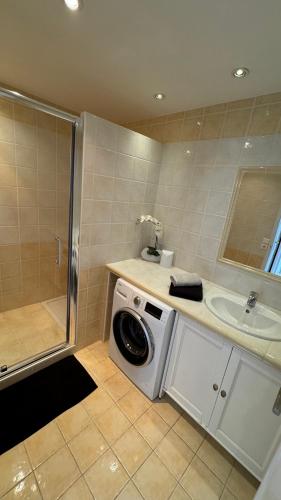 une salle de bain avec une machine à laver et un lavabo dans l'établissement T2 appartement Golfe Juan 47m2 plages et port, à Vallauris
