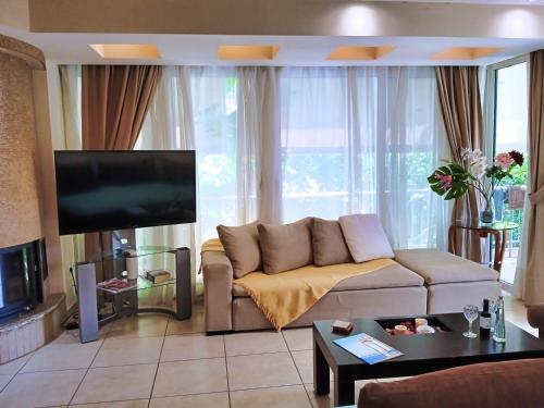 a living room with a couch and a flat screen tv at A1 Elegant Vouliagmeni apt in a Unique Spot in Athens