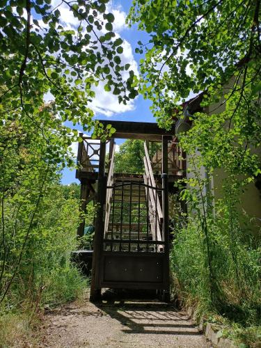 une porte ouverte au milieu d'un jardin dans l'établissement Studio tout confort au calme, à Mayet