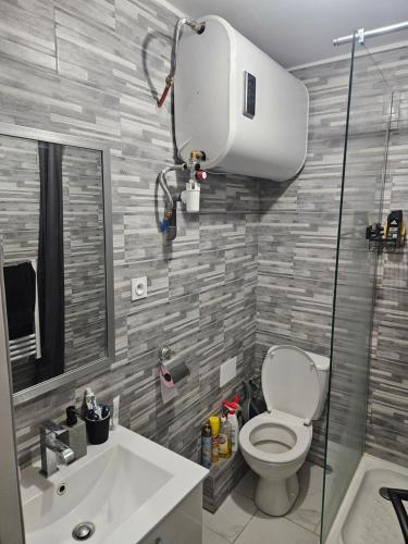 une salle de bain avec toilettes et lavabo dans l'établissement T2 chaleureux, calme et entièrement rénové., à Béziers