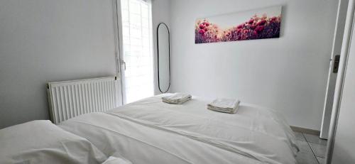 - un lit blanc dans une chambre avec une photo sur le mur dans l'établissement Le Jérémy avec parking souterrain, à Thonon-les-Bains