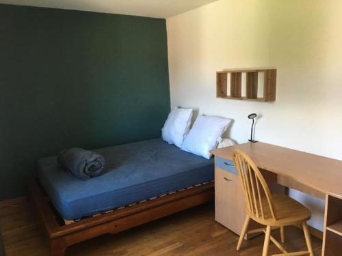 Cette petite chambre comprend un lit et un bureau. dans l'établissement Grande ferme avec piscine, à Saint-Médard-en-Forez