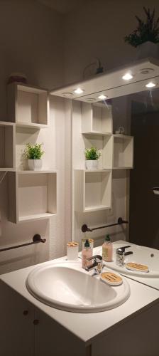 une salle de bain avec un lavabo blanc et un miroir dans l'établissement Les Terrasses du Lac piscine et vue Lac A4, à Aureilhan