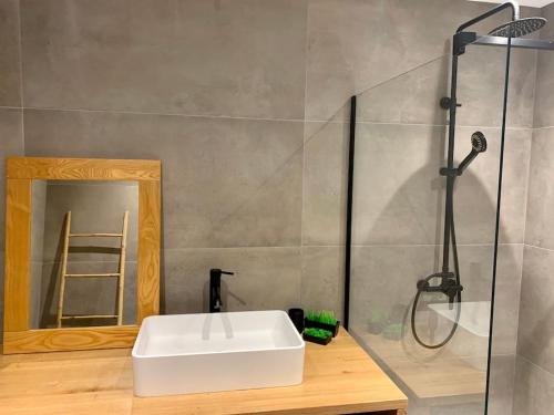 une salle de bain avec un lavabo blanc et une douche dans l'établissement Grand logement standing centre ville Porto-Vecchio, à Porto-Vecchio