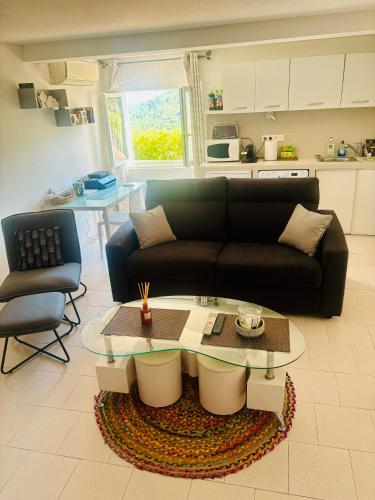 un salon avec un canapé noir et une table dans l'établissement Appartement Calme entre mer, montagne et rivière, à Conca