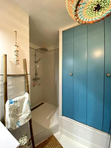 La salle de bains est pourvue d'une douche et d'une armoire bleue. dans l'établissement VU MER et ETANG appartement traversant, à Palavas-les-Flots