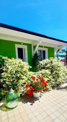 a green house with white and red flowers in vases at B&B SMARTFIT HOUSE - Room & Relax in Pescara in Pescara