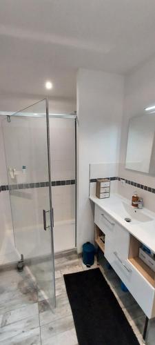 une salle de bain avec douche et lavabo dans l'établissement Villa Garrigue - piscine, parking, maison entière, à Beaulieu