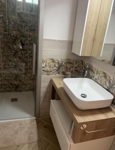 a bathroom with a sink and a shower at Casa Marisol in San Giovanni Suergiu