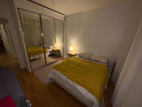 - une chambre avec un lit jaune et un miroir dans l'établissement Apparemment au cœur de Paris, à Paris