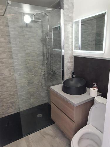 une salle de bain avec un lavabo, une douche et des toilettes dans l'établissement Katikias, à Bandol