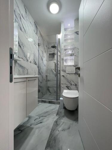 a white bathroom with a toilet and a shower at Apartments Hillside in Ulcinj