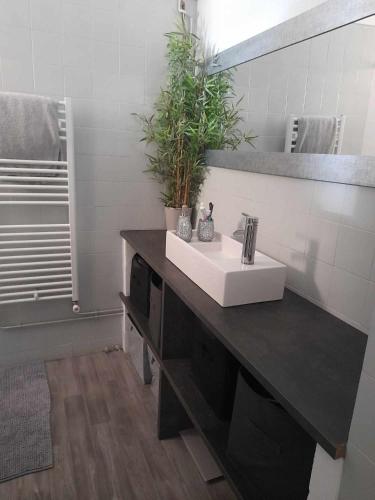 une salle de bain avec un lavabo et un miroir dans l'établissement La bastide de Calés, à Lamanon