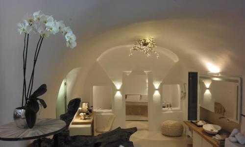 a living room with a vase of flowers on a table at Aspaki by Art Maisons in Oia