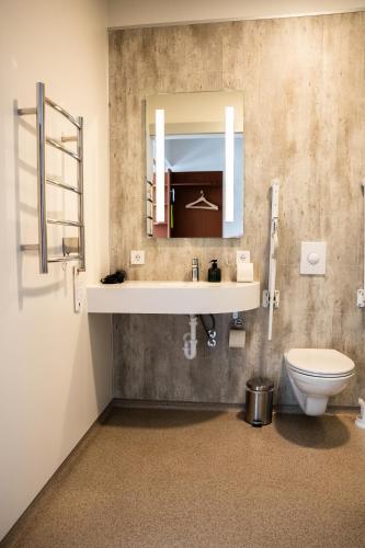 a bathroom with a sink and a toilet and a mirror at Hótel Flókalundur in Brjánslækur