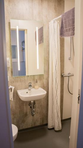 a bathroom with a sink and a mirror and a shower at Hótel Flókalundur in Brjánslækur