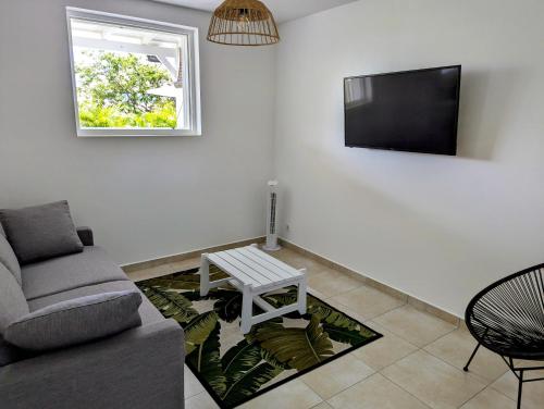 a living room with a couch and a tv at Les Gîtes Marlok 2024 - T2 in Sainte-Anne